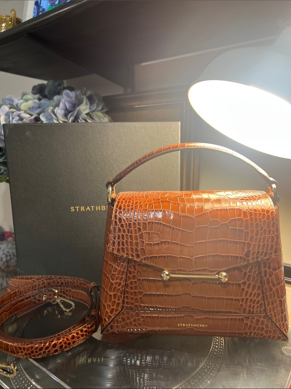 STRATHBERRY Mosaic Croc Walnut Top Handle Satchel with Gold Hardware